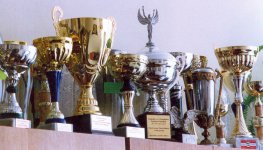 Numerous cups for the sports and tourism achievements beautify the director's office